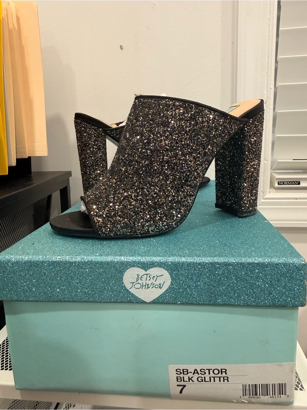 Betsey Johnson Black Glitter Open-Toe Block Heel Mules